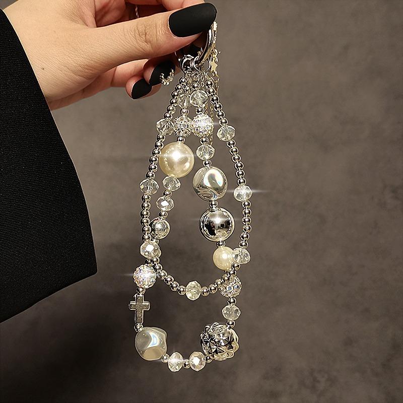 Cordón de Teléfono Móvil Corto Lujoso Perla Cristal Diamante Cuentas de Mano Doble Cadena Pulsera Decoración para Colgar en Funda de Teléfono