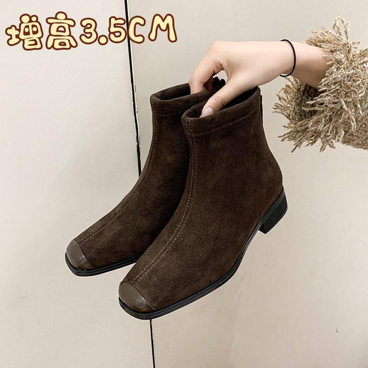 Inner Height-increasing Square Head Short Boots for Women 2025 Autumn and Winter New European and American Style Fashion Versatile Suede Wedge Heel