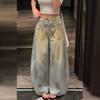Pantaloni Jeans a Vita Alta Strappati Gamba Larga Donna Vestibilità Rilassata Streetwear Jeans con Vita Arrotolata