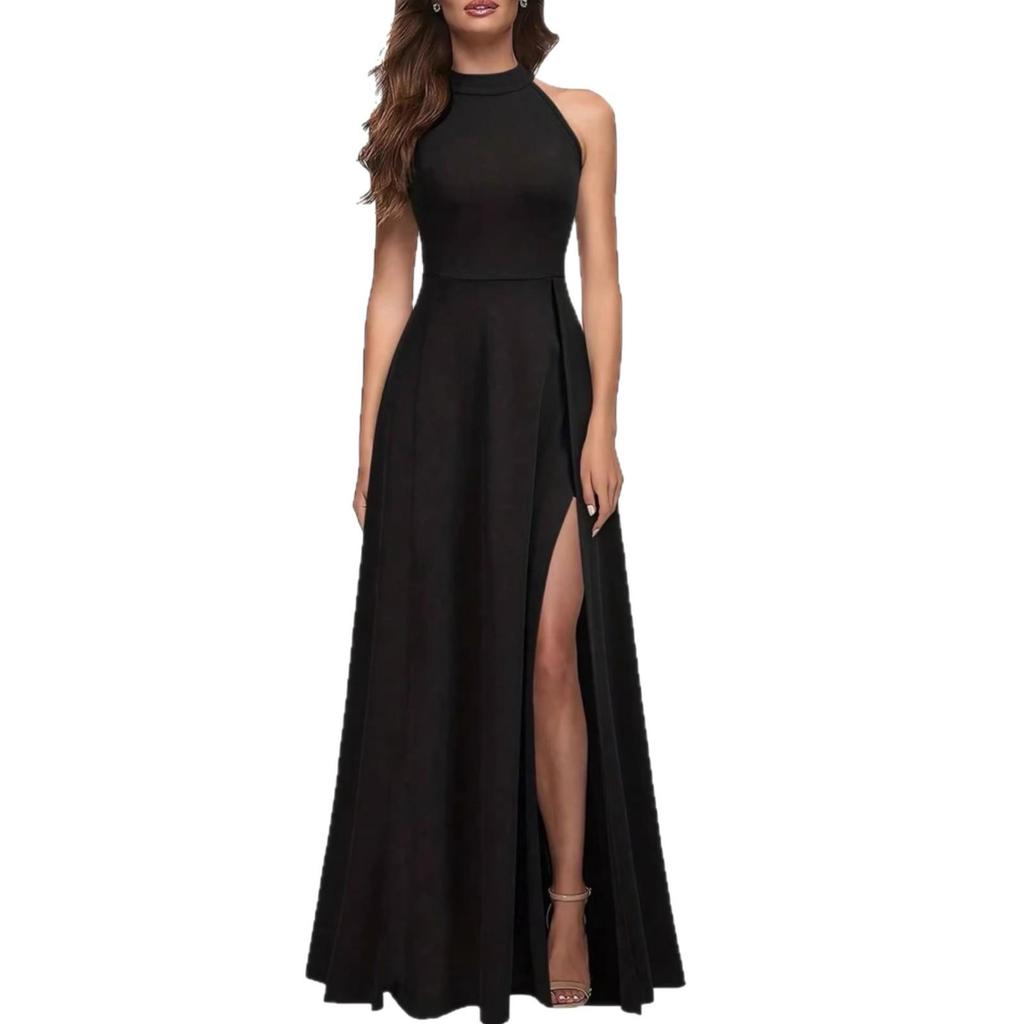 Women's Halterneck Sexy Evening Gown - Summer 2026 Slit Banquet Long Dress, Solid Color Formal Wear