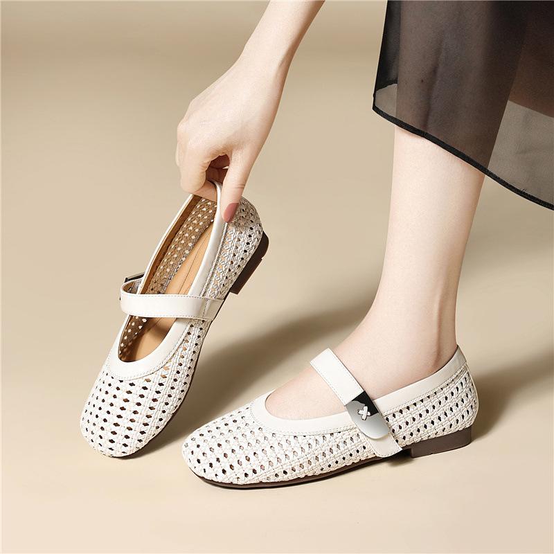Genuine Leather Woven Hollow Women's Shoes Flat Toe Half Slippers Women's Summer Wear New Style with Skirts Fashion Sandals Slippers