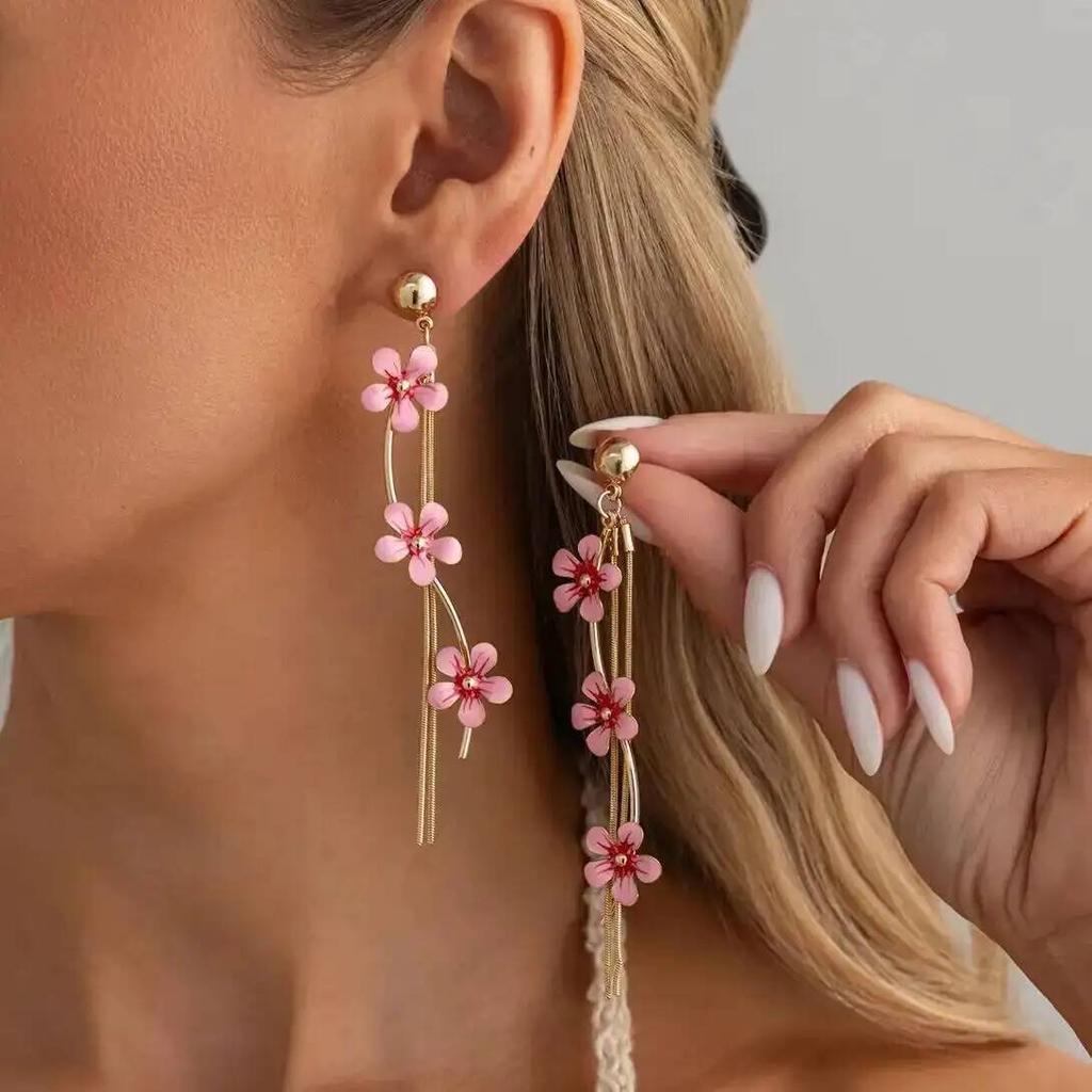 SHIXIN Trendy Exquisite 3 Colors Tassel Flower Pendant Earrings Women Trendy Y2K Piercing Earring Wedding Accessory Jewelry Gift