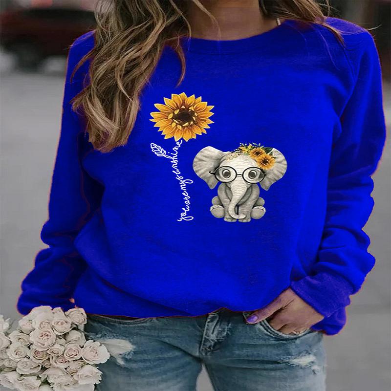 Women Autumn Winter Sunflower Elephant Printed Long Sleeves Round Neck Loose Fleece