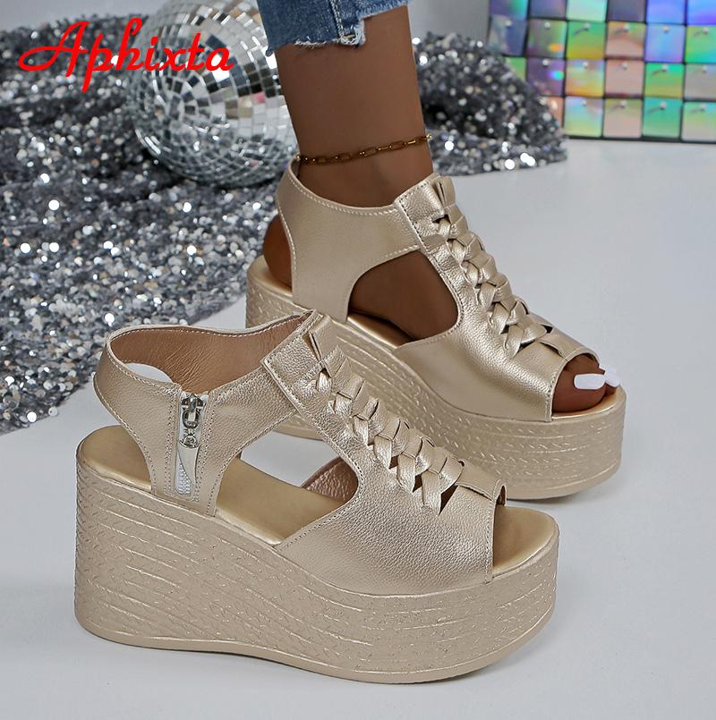 Fashion Aphixta Summer 9cm High Wedge Heel Platform Sandals Woman Sandals Gold Upper Women Zip Summer Shoes Peep Toe Sandals Big Size 43