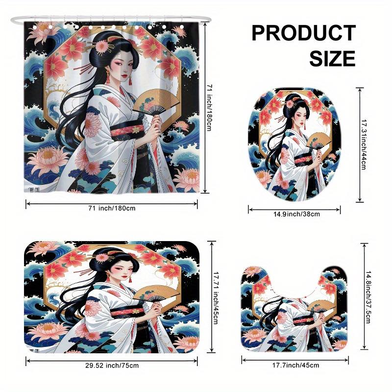 Elegant Geisha Bathroom Set: Waterproof Shower Curtain, Soft Contour Rug, Stylish Toilet Lid Cover, Non-Slip Bathtub Mat