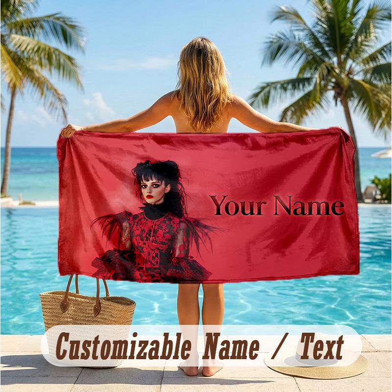 Custom Text Beach Towel, Soft Absorbent Swimming Multi-use TowelBeetlejuice Lydia Deetz
