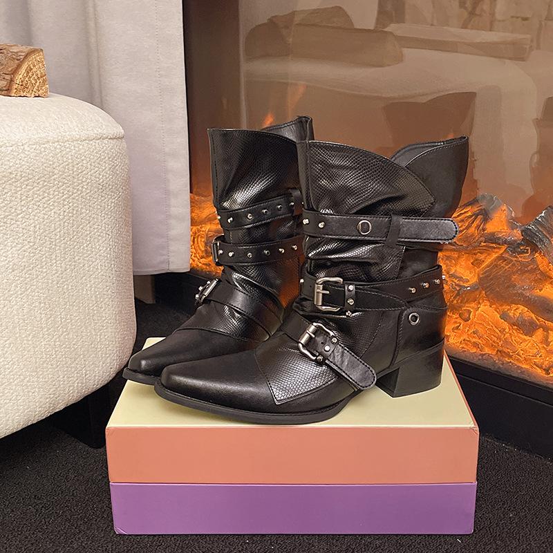 

Остроконечные сапоги Hottie Coarse Heel Knight Boots Black Punk Style Niche Personality Boots American Wasteland Style Boots Female Retro 42