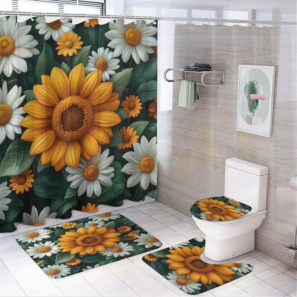Bathroom Curtain And Rug Set, Sunflower Pattern Printed On Shower Curtain And Bath Mat Set, Designed For Farmhouse Contemporary