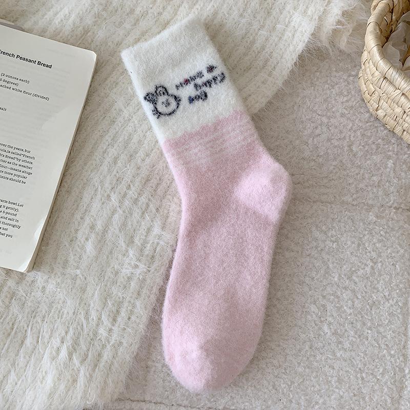 Pink Australian Velvet Socks Season Warm Medium Tube Socks Piled Thickened Home Sleep Socks Cute Cartoon Stockings