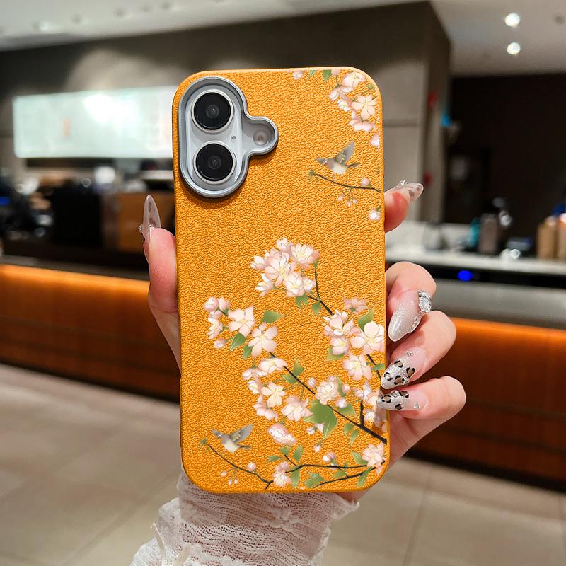 Cherry Blossom Pattern Leather Texture Slim Case for iPhone 16 Pro Max 15 Pro 14 Plus 13 12 11 Tpu Soft Shockproof Matte Solid Color Phone Cover