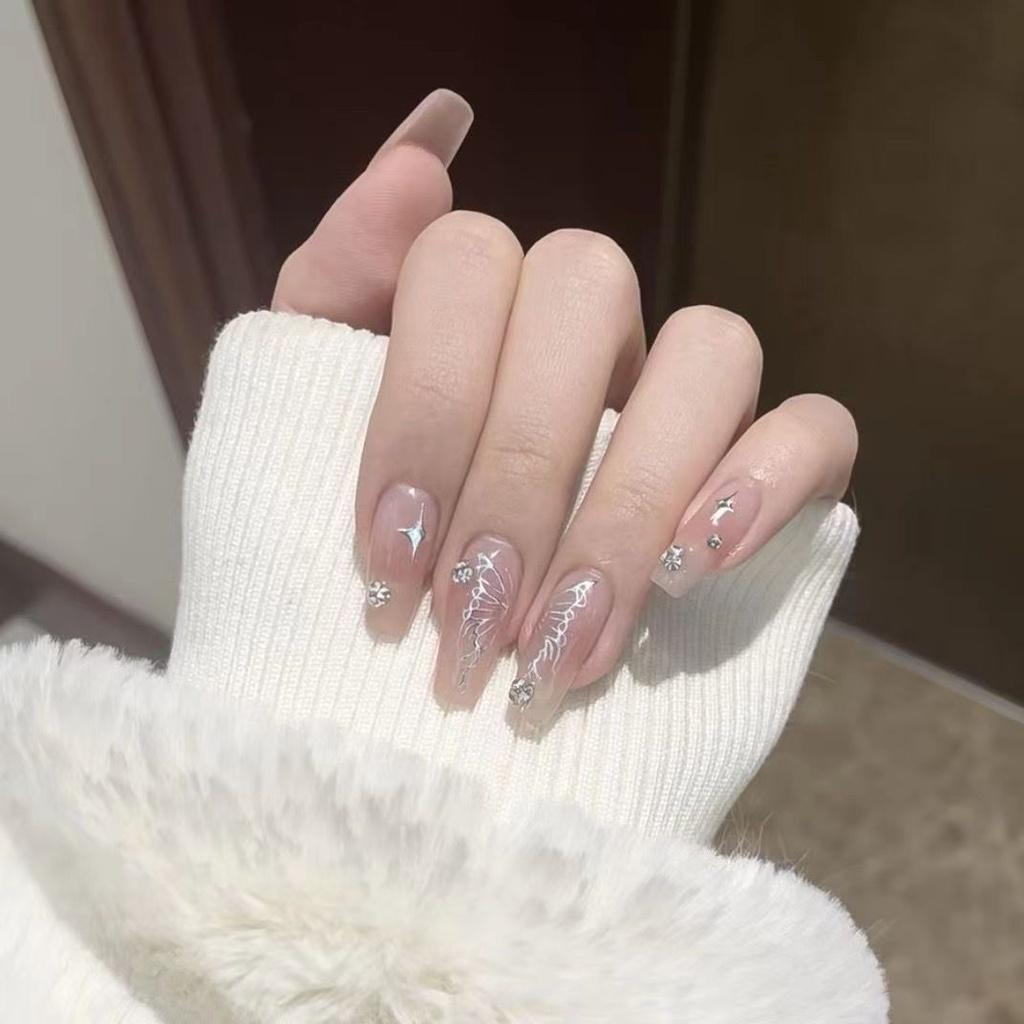 Handmade Nail Luxurious Art Liquid Butterfly Medium And Long Length Sparkling Diamond Pure Desire Casual Spring Summer New Style