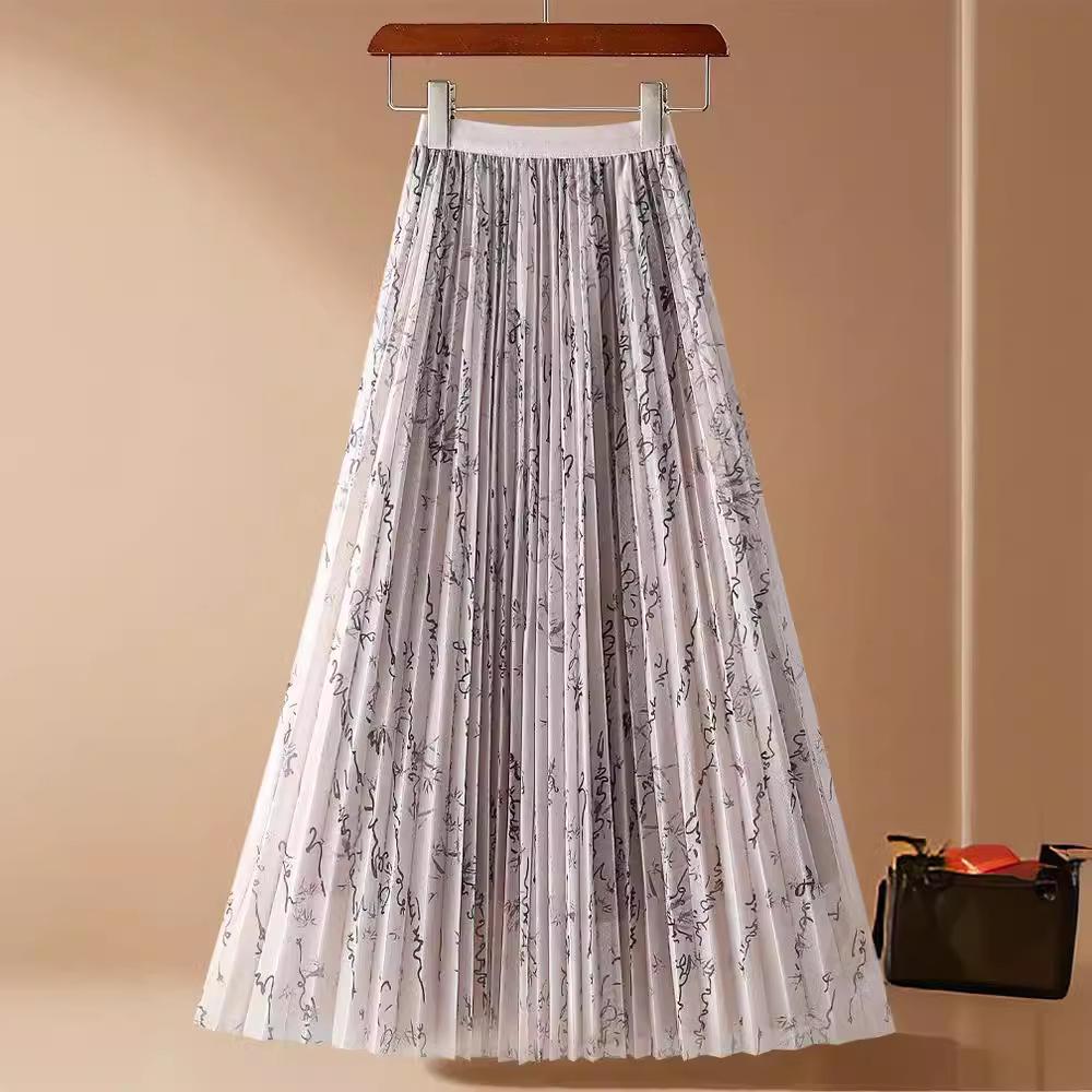 Elegant High-Waist Calligraphy Print Mid-Length Skirt