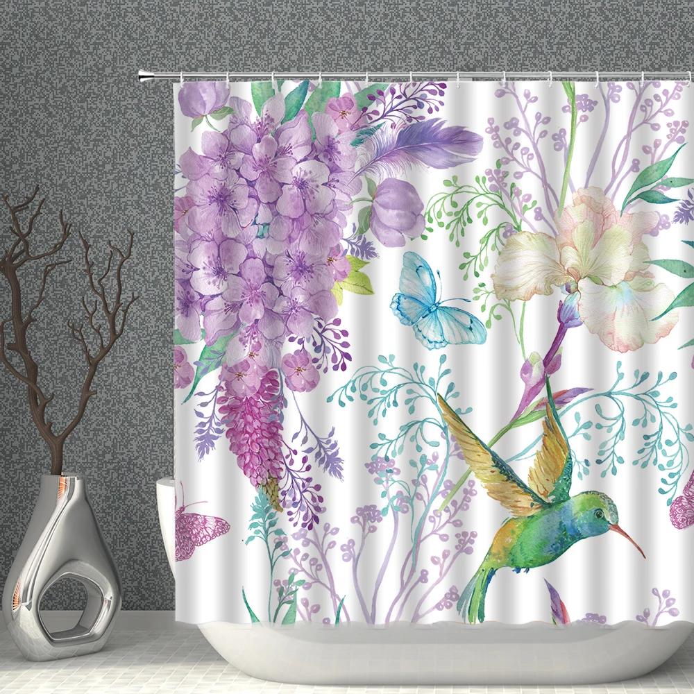 Chinese Flower And Bird Shower Curtain Green Plant Waterproof Cloth Polyester Bathroom  Curtains Home Suit With Hook
