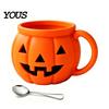 Funny Pumpkin Kitchen Organizer Halloween Ice Cream Cup with Spoon, Keeps Hands Warm Dessert Holder Cup, PLA Creative Sleeve for Home Party