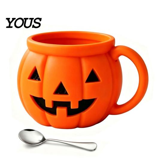 Funny Pumpkin Kitchen Organizer Halloween Ice Cream Cup with Spoon, Keeps Hands Warm Dessert Holder Cup, PLA Creative Sleeve for Home Party