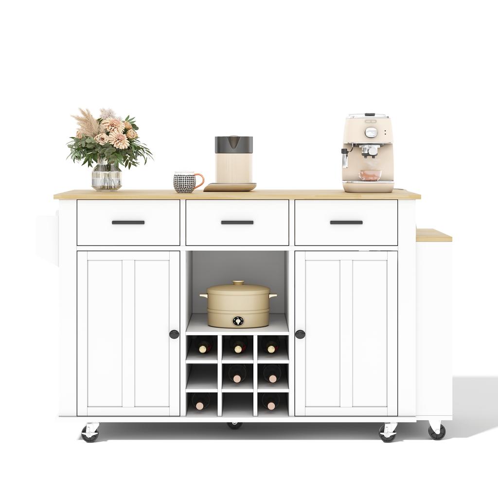 Kitchen island with pull-out worktop, 136(223)x50x93cm mobile kitchen island with 3 drawers, wine rack, socket with USB and 7 casters, white/oak