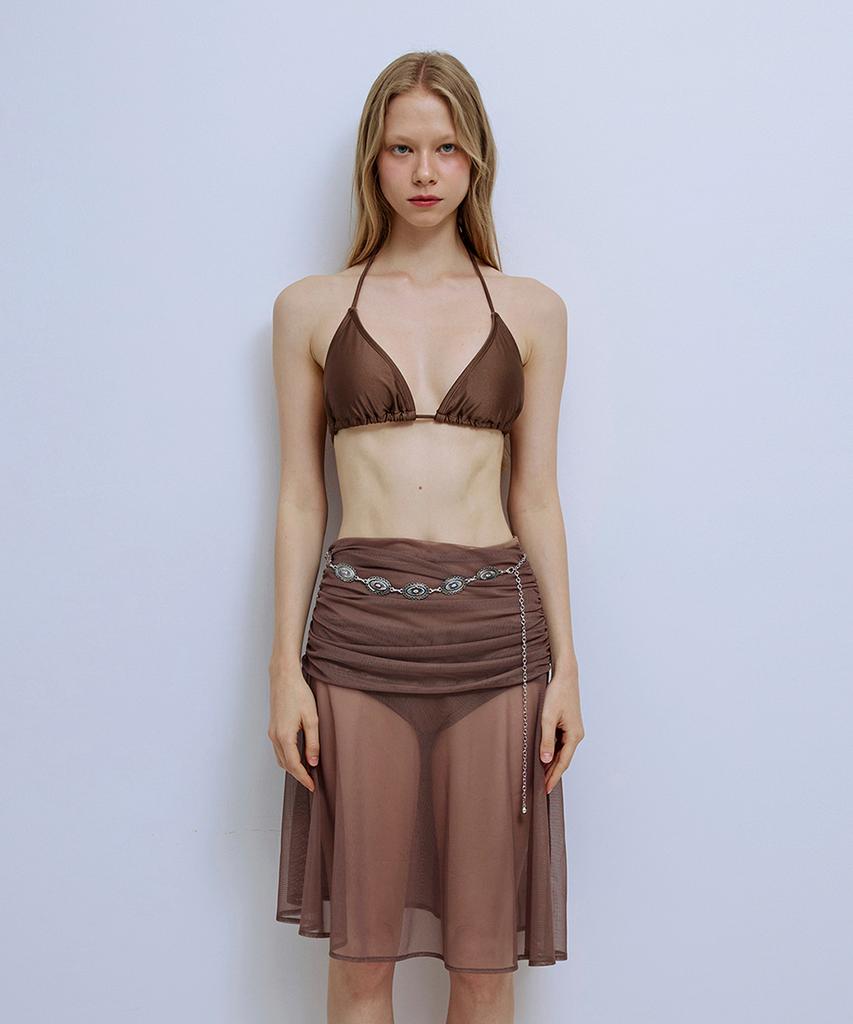 PISCESS Solid Mesh Shirred Skirt_Brown