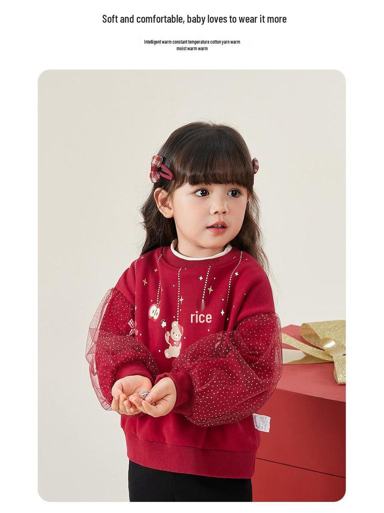 Girls' Red Autumn/Winter Round Neck Hoodie Pullover