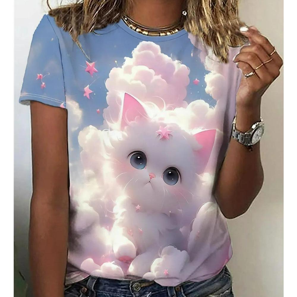 Sommer Mode Cartoon Tier Katze 3D Druck T-Shirts Damen Streetwear Lässig Kurzarm Rundhals Große Größen T-Shirts Oberteile Kleidung