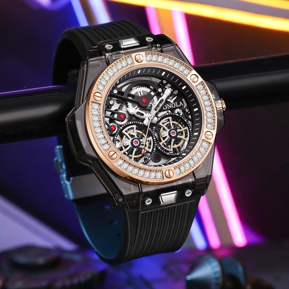 Mote Transparent Shell Ny herreklokke Diamond Automatisk mekanisk klokke menn vanntett tape