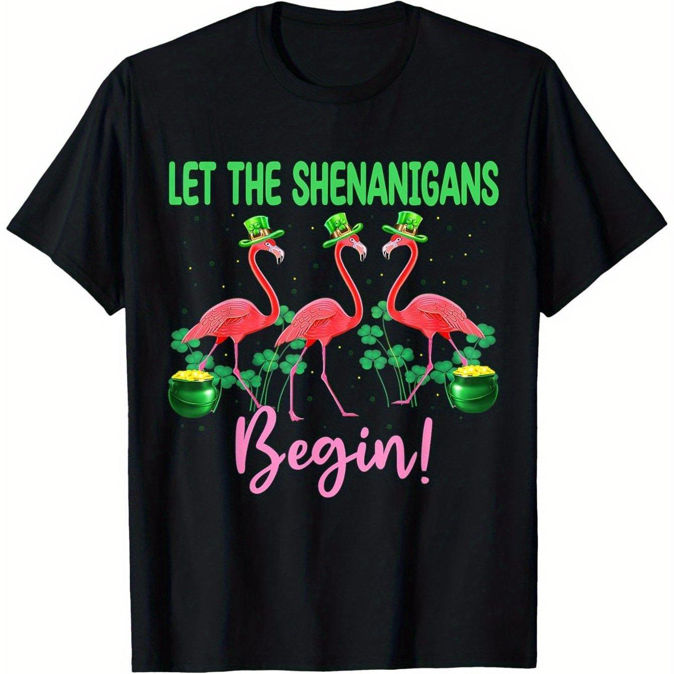Flamingo St Patricks Day Let the Shenanigans Begin Graphic Tee Soft Cotton Unisex Short Sleeve T-Shirt S