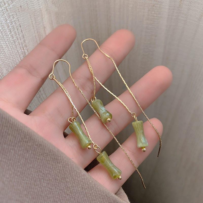 Vintage Bamboo Earrings Chinese Style Copper Ear Drops Long Fringe Green Bamboo Ear Thread