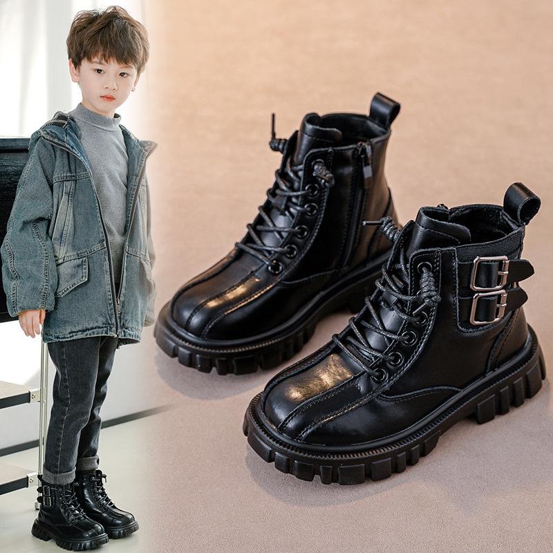 Fashion retro children's Martin boots autumn and winter new leather single boots velvet British style casual non-slip boys short boots