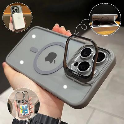 Metal Ring Lens Stand Protector Magnetic Phone Case for IPhone 17 16 15 12 13 14 11 Pro Max for Magsafe with Glass Lens Cover