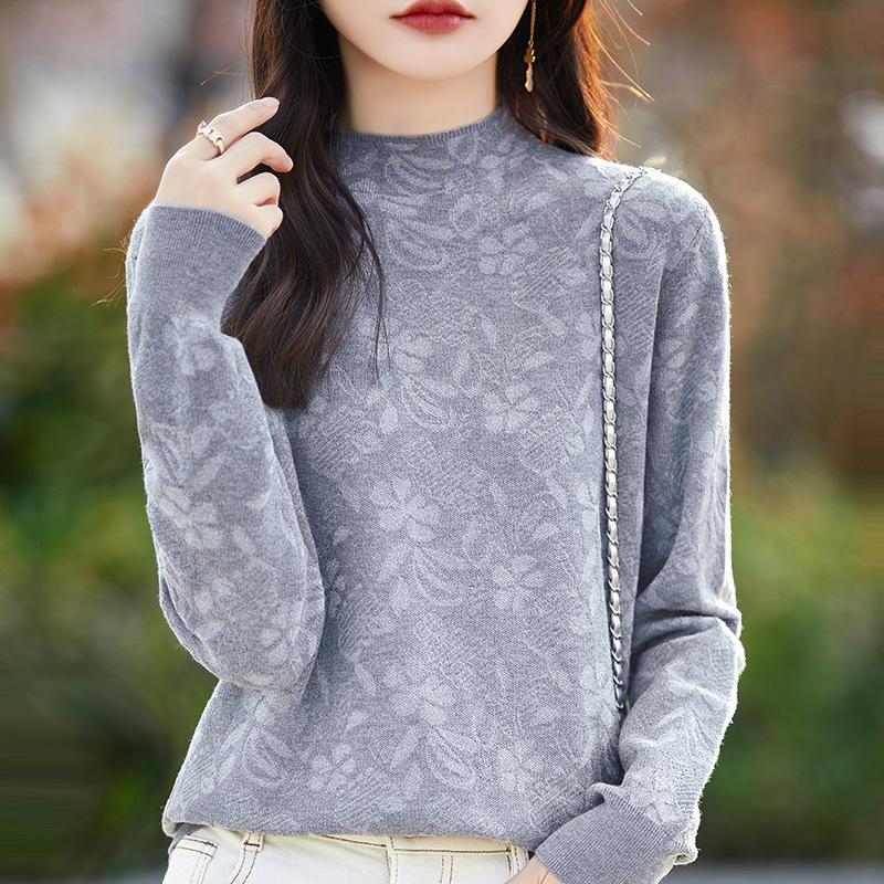 Spring and Autumn Women's Knitwear Jacquard Half High Neck Bottom Shirt Loose Long Sleeve Top