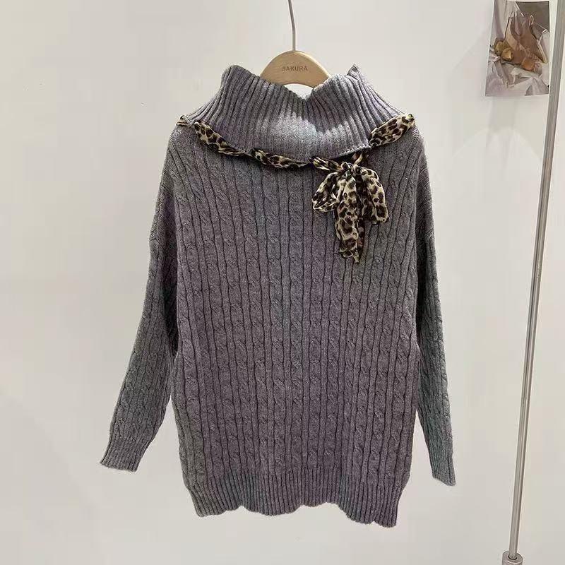 Korean Leopard Print Off-Shoulder Lace-Up Sweater - Women's Slim Fit Autumn/Winter Knitwear