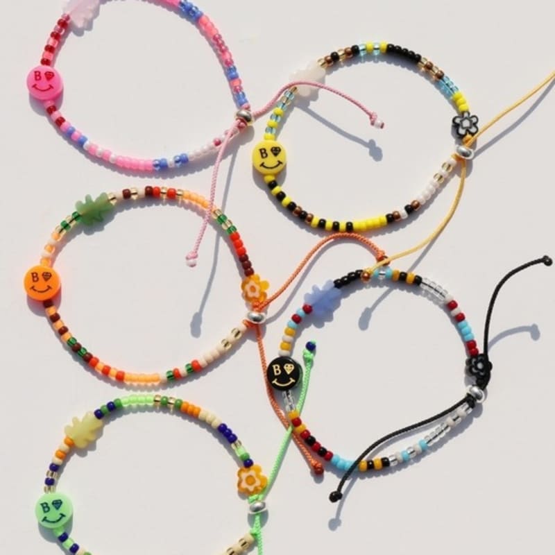 BONBEAU Kitsch Motives Charm Beads Knot Bracelet Kitsch Smile Teddy Bear Charm Beads Thread Bracelet Knot Bracelet