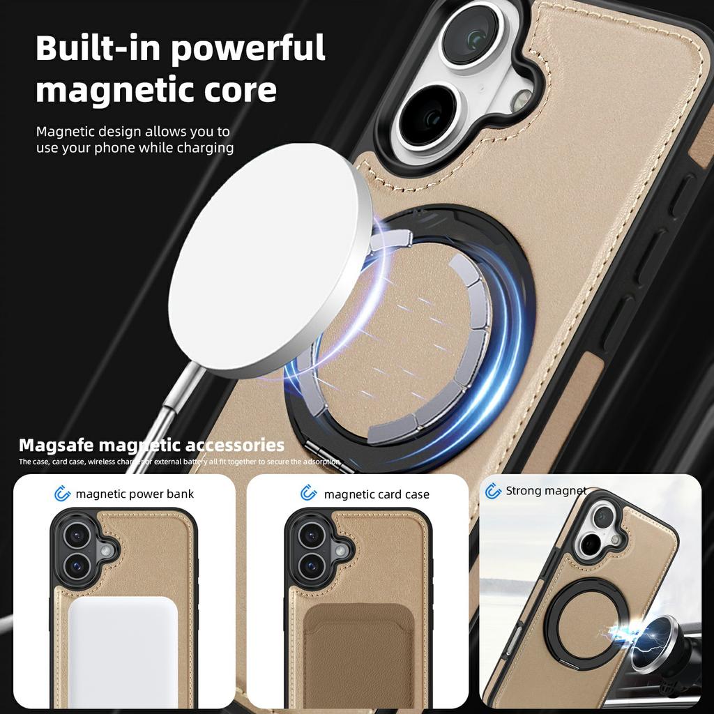 For iPhone 17 Case with Ring Kickstand Compatible with MagSafe PU Leather Back Cover