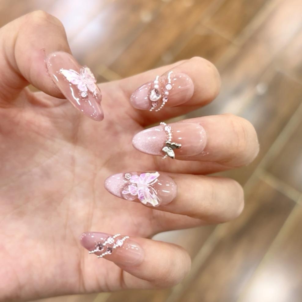 

Qianfan New Handmade Wearing Armor French Cat Eye Nail Art Pink Butterfly Sparkling Cute Detachable Nail Patch