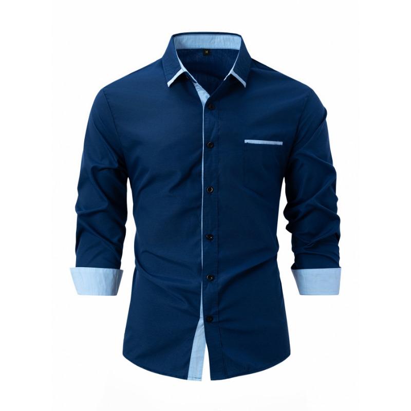 Mens Color Block Business Casual Long Sleeve Loose Fit Shirt