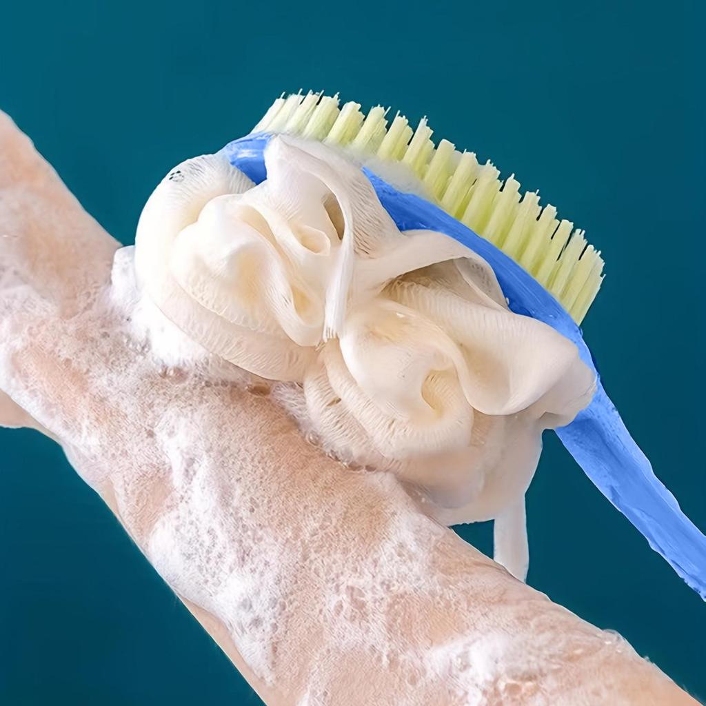 Dubbelzijdige badschrobborstel met zachte haren en lange ergonomische handgreep voor exfoliëren en rugschrobben