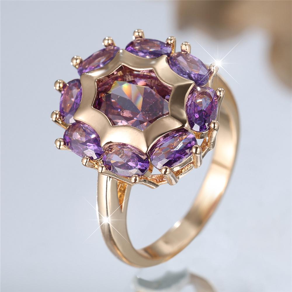 Charm Female Purple Zircon Stone Oval Engagement Ring Vintage Yellow Gold Color Wedding Jewelry For Women