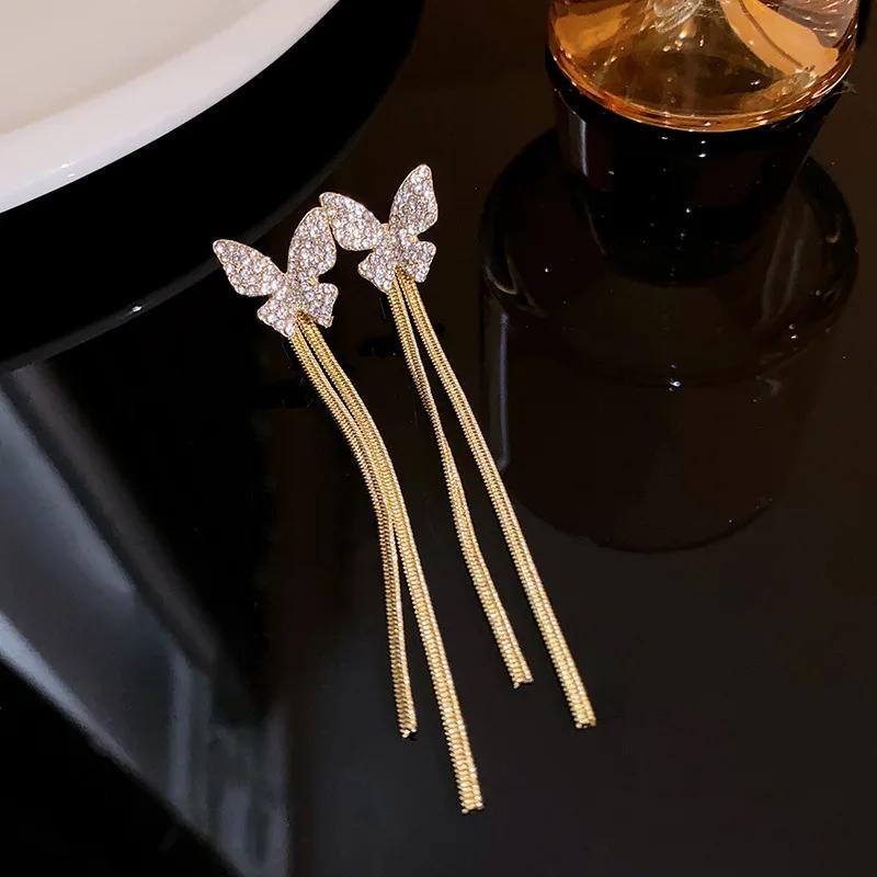 Elegant Zircon-studded Butterfly Golden Tassel Earrings For Women Personalized Daily Accessories Party Jewelry Birthday Gifts