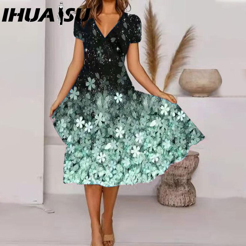 IHUASU Vestido midi de talla grande con escote en V, manga corta, dobladillo alto, informal, estampado floral colorido