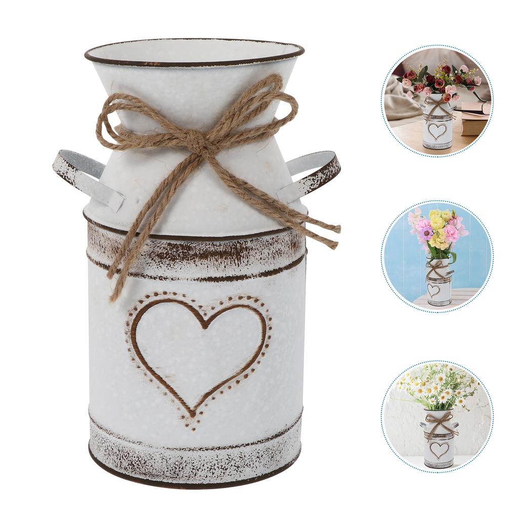 Sticlă de lapte vintage în formă de inimă, aranjament floral, decor rustic pentru casă, vază de nuntă