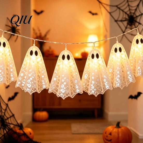 Modern Halloween Home Atmosphere Decoration String Lights, with Sequin Fabric Decor, Battery Operated Lightweight Hanging Ghost Party Lights 10