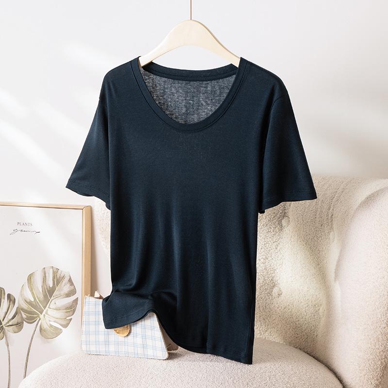 2026 Hangzhou Women's Mulberry Silk Lyocell U-Neck Tee - Lightweight, Breathable, Short-Sleeved Summer Fashion