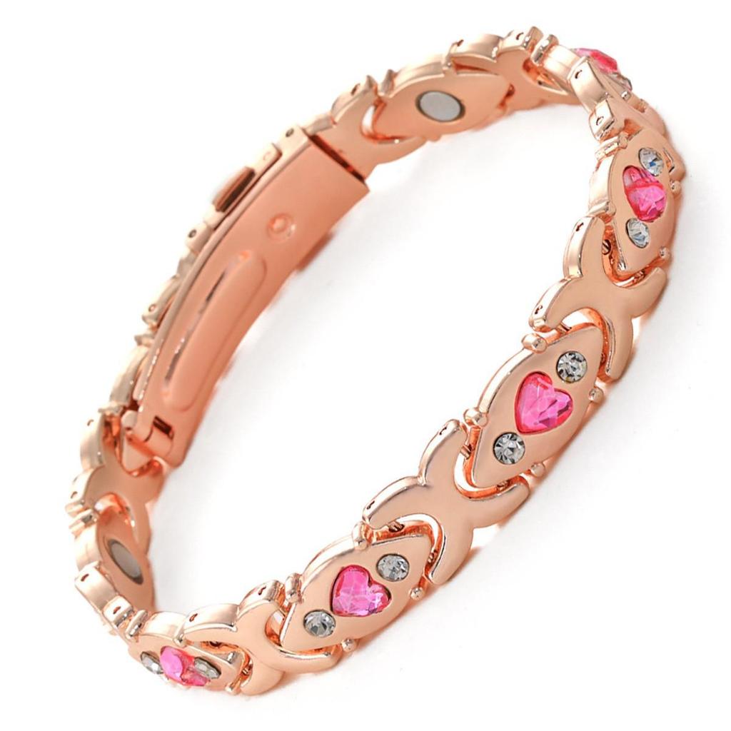 Bracciale Magnetico Europeo e Americano Transfrontaliero con Inlay di Foglie e Diamanti, Rame Rosso Antico, Spazzolato, Regolabile.