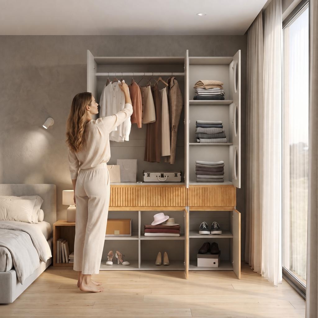 Wardrobe, 135 X 50 X 200 Cm, with 1 Clothes Rail, 2 Drawers and 6 Doors, for Bedroom, Hallway, Children's Room or Office, Light Oak
