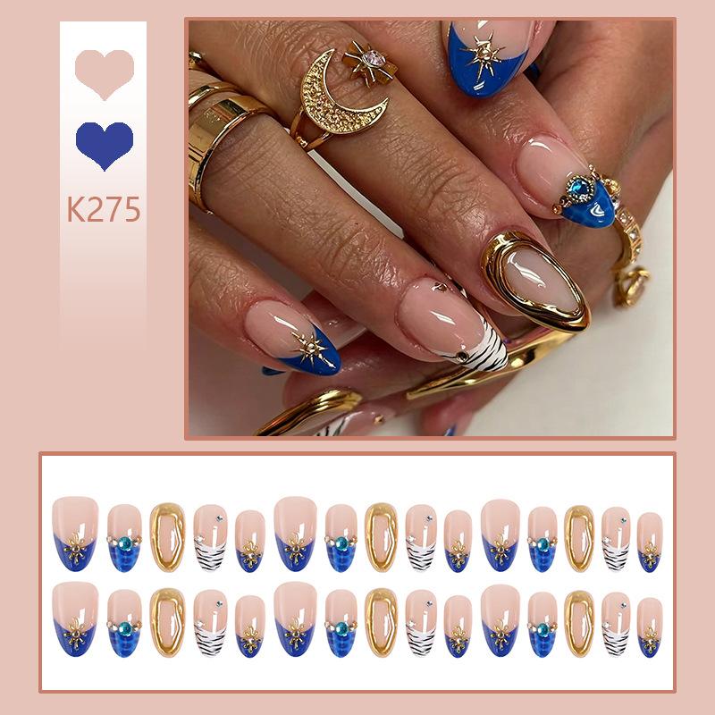 Short Almond-shaped Gilt Wearable Manicure Nails European And American Blue Gemstone Blush Nails Removable Fake Nails