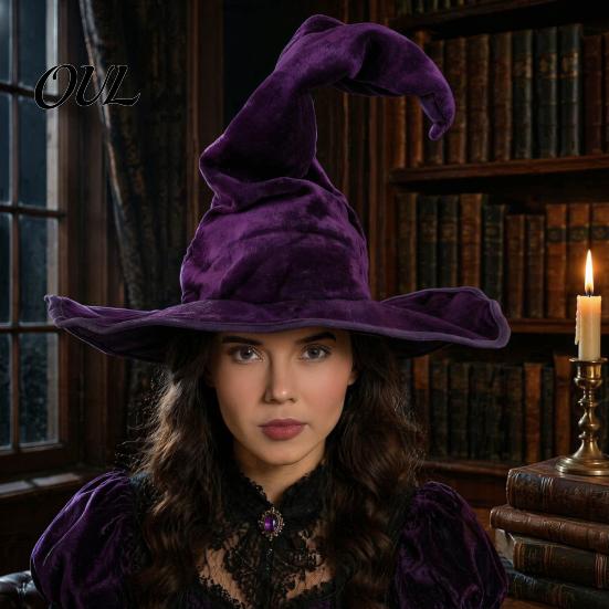 Vintage Style Sorcerer Hat for Festivals Witch Women, Large Ruched Velvet Wizard Pointy Cosplay Halloween Party, Costume, Stage Performance Accessory