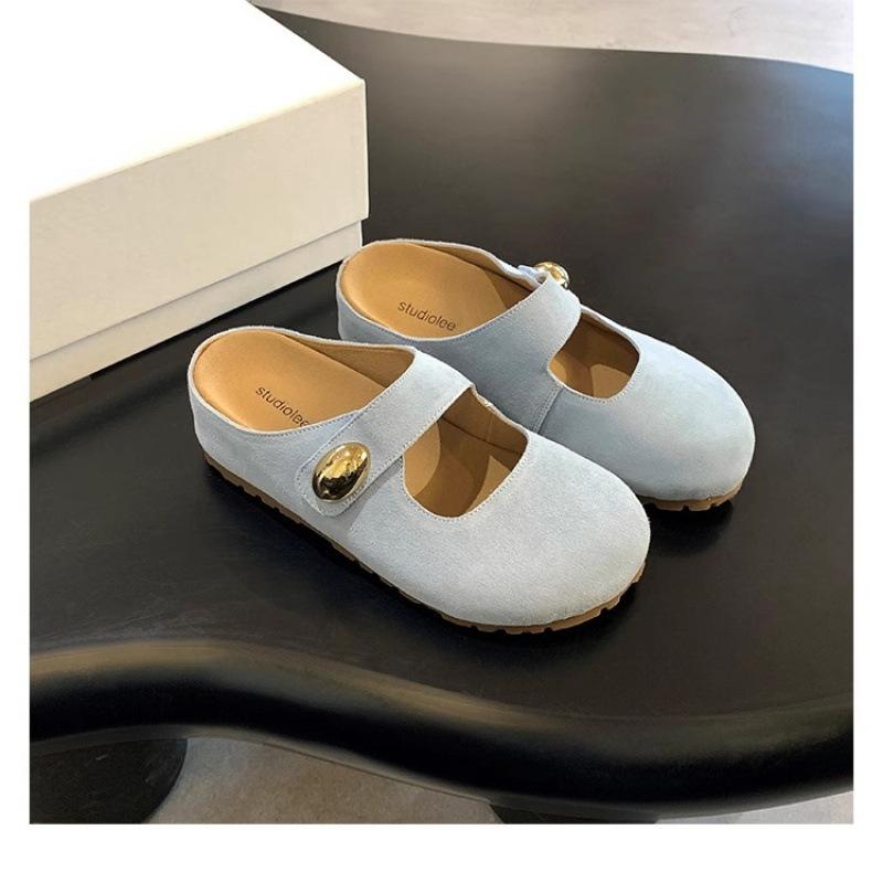 Leather thick-soled small golden bean half slippers women's inner height increase of 5cm new sandals