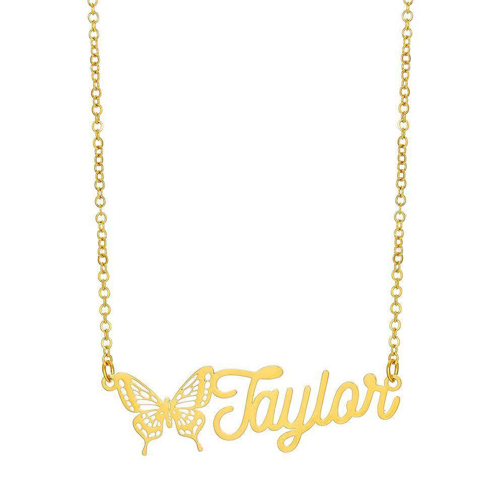 18K Gold Plated Stainless Steel Name Necklace with Butterfly Pendant