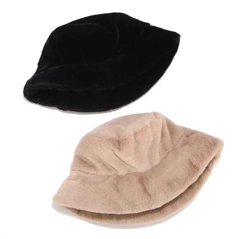 Women Fashion Warm Faux Fur Winter Hats Outdoor Sunscreen Bucket Hat Female Fashion Solid Color Caps Fashion Accessories