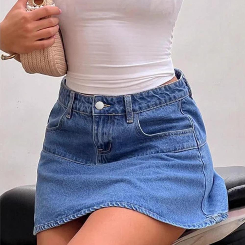Women's Denim Skirt, A-line Skirt with Ruffled Hem Women's High-Waisted A-Line Denim Skirt Daily Wear Button Fly Denim Skirt Women's