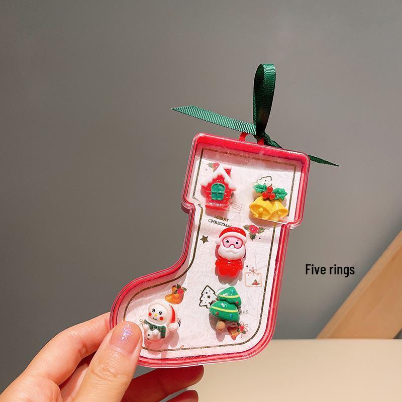 Cute Cartoon Christmas Ornaments: Tree, Snowman, Reindeer Ring & Ear Clip Set for Kids
